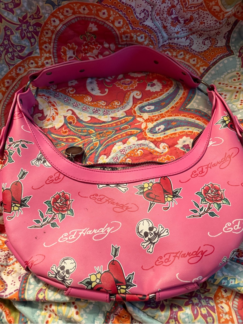 Ed Hardy Hot Pink Tattoo-Print Shoulder Hobo